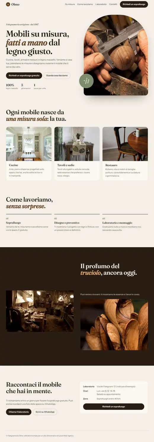 La pagina completa del sito dimostrativo Falegnameria Olmo